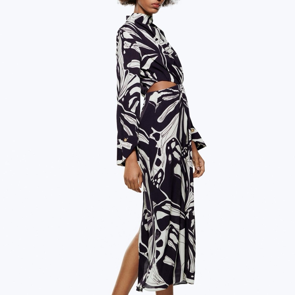Zara Chic Black And White Printed Long Sleeve Cut Out With Side Slit Dress